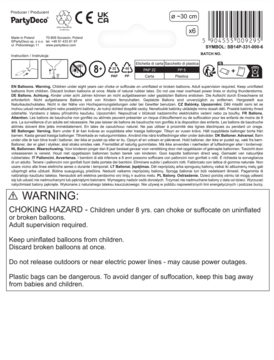 Tył opakowania balonów Strong z ostrzeżeniem o zadławieniu i szczegółowymi informacjami bezpieczeństwa.