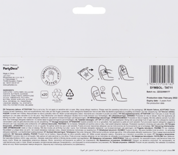 Tył opakowania zmywalnych tatuaży PartyDeco New Year's Eve, z instrukcjami, informacjami i kodem.