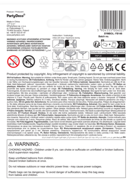 Tył opakowania balonu foliowego PartyDeco, złoty Happy New Year. Widoczne instrukcje i ostrzeżenia producenta.