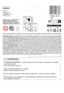 Tył opakowania balonu foliowego Butelka Happy New Year z ostrzeżeniem o zadławieniu i instrukcjami, białe tło.