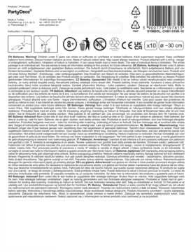 Tył opakowania 10 szt. balony Glossy różowe złoto 30 cm, z ostrzeżeniami, ikonami i kodem.