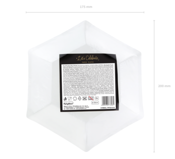 Heksagonalny, przezroczysty talerzyk plastikowy z czarną etykietą informacyjną, widok od góry, 175x200 mm.