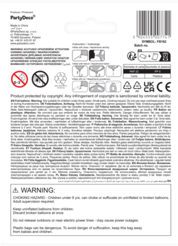Tył opakowania foliowego balonu PartyDeco. Widoczne są ostrzeżenia bezpieczeństwa, instrukcje i kod kreskowy produktu.