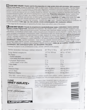 OLIMP SPORT NUTRITION Clear Whey Isolate+ ,wysokobiałkowy napój w proszku, o smaku Tropical Fruits,tył