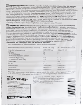 Tył opakowania Olimp Clear Whey Isolate+ z widoczną tabelą odżywczą i pełnym składem produktu.