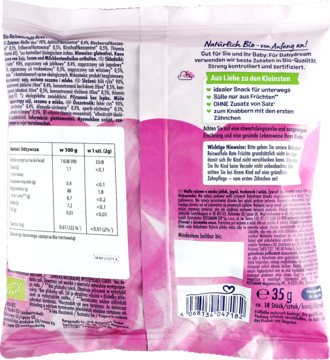 Tył różowego opakowania wafli ryżowych owocowych dla niemowląt od 8 m-ca, z tabelą odżywczą.