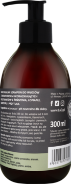 Tył brązowej butelki szamponu LaQ 300ml z pompką. Wzmacniający z żeńszeniem, łopianem. Zapach: bergamotka.