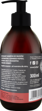 Tył brązowej butelki szamponu LaQ z czarnym pieprzem i miętą. Widoczny opis, dozownik i 300 ml.