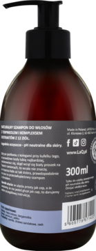 Tył opakowania szamponu przeciwłupieżowego LaQ 12 ziół w ciemnej butelce z pompką, widoczne etykiety 300ml.