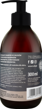 Tył brązowej butelki szamponu LaQ Ryszard 300ml z czarną pompką, widoczny opis składników i pH.
