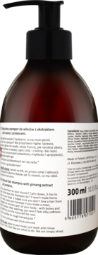 Tył brązowej butelki szamponu LaQ dla mężczyzn 300ml, z żeń-szeniem i proteinami, białymi etykietami.