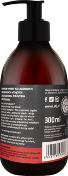 Tył brązowej butelki szamponu dla mężczyzn LaQ Kawał Byka 300ml. Ciemna etykieta z białym tekstem, widoczny skład i barcode.
