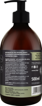 Tył brązowego żelu pod prysznic LaQ Dzikus z Lasu 500ml, etykieta z opisem i ekstraktem z dębu.