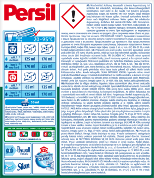 Białe opakowanie proszku Persil Deep Clean do białych tkanin, z widoczną tabelą dozowania i zakresem temp. 20-95°C.