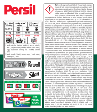 Białe opakowanie proszku Persil Deep Clean do białych tkanin, z zielonymi detalami i tabelą dawkowania.