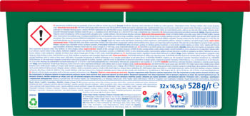 Tył opakowania Persil Discs Color 32 WL, biała etykieta z symbolami ostrzegawczymi, instrukcjami i kodem kreskowym.