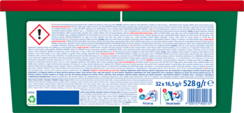 Tył opakowania Persil Discs Universal 32WL, biała etykieta z ostrzeżeniem, składem, kodem EAN.