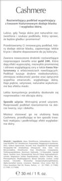 Cashmere rozświetlający podkład z kwasem hialuronowym 30ml. Widok z przodu opakowania, białe tło, czarny tekst.