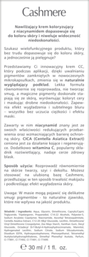 Krem koloryzujący Cashmere CC z niacynamidem, białe opakowanie z polskim opisem, koryguje i rozświetla. Widok z przodu, 30ml.