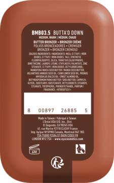 Tył opakowania bronzera NYX Buttermelt Butta'd Down. Brązowy, prostokątny, widoczne etykiety i składniki.