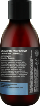 Tył brązowej butelki żelu z chmielem: "NATURALNY ŻEL POD PRYSZNIC Z EKSTRAKTEM Z CHMIELU", czarna etykieta.