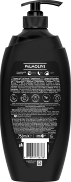 Tylna etykieta żelu Palmolive Men Intense Spice Up 5w1 z pompką. Czarna butelka z opisem zapachu pieprzu i bursztynu.