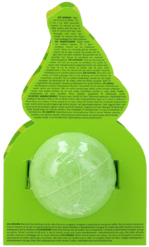 Zielona kula do kąpieli w przezroczystej folii, widoczna od tyłu w zielonym opakowaniu z ostrzeżeniami.