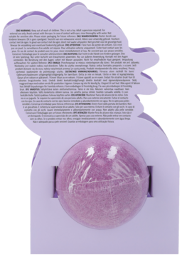 Tył fioletowego, nieregularnego opakowania z brokatową, fioletową kulą do kąpieli i tekstem informacyjnym.