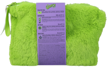 Zestaw Sence Collection The Grinch: zielona, puszysta kosmetyczka z fioletową etykietą z opisem produktu.