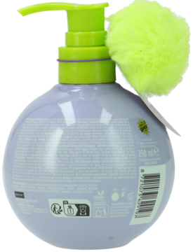 Tył okrągłej, lawendowej butelki z zieloną pompką i puszystym pomponem; widoczne etykiety produktu i mała pszczółka.