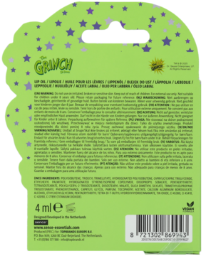 Zielone opakowanie olejku do ust The Grinch z gwiazdkami, tylna strona z instrukcjami i kodem kreskowym.