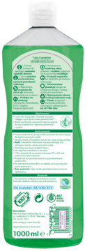 Tył zielonej butelki płynu do czyszczenia szyb z bioalkoholem. Biała etykieta, tekst po polsku, info o recyklingu, 1000ml.