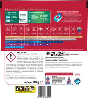 Tył czerwono-białego opakowania kapsułek Somat Excellence 4w1 Lemon z opisami, ostrzeżeniami i kodem kreskowym.