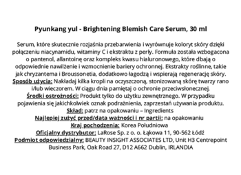 Tekstowa etykieta Pyunkang Yul Brightening Blemish Care Serum 30 ml, z opisem, składem i instrukcją użycia.