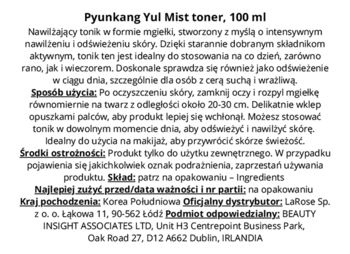 Tył opakowania Pyunkang Yul Mist Toner 100ml z polską etykietą, opisem i składem produktu.