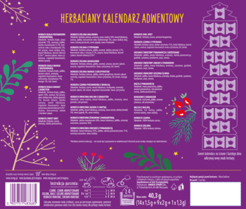 Tył fioletowego Irving Herbacianego Kalendarza Adwentowego, z listą 24 smaków herbaty i roślinnymi ilustracjami.