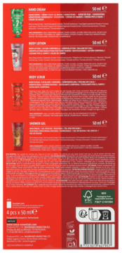 Tył czerwonego opakowania zestawu kosmetyków 4x50ml: krem do rąk, balsam, peeling i żel pod prysznic.