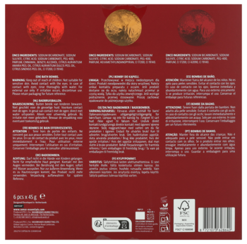 Tył czerwonego opakowania zestawu z okrągłymi grafikami, widoczne listy składników i informacje o produkcie w wielu językach.