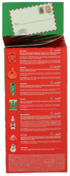 Tył czerwonego zestawu kosmetyków Sence Collection Gift Cracker, z listą 7 produktów i zieloną klapką z pocztówką.