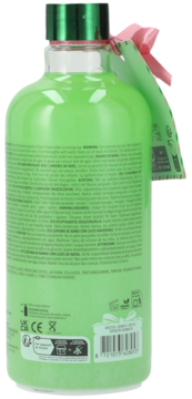 Tył zielonej butelki świątecznego płynu do kąpieli Sence Elf z etykietą, kodem kreskowym i różową wstążką.