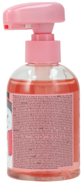 Sence musical hand soap, marshmallow scent. Side view of clear bottle with pink liquid, pump, and snowman label.