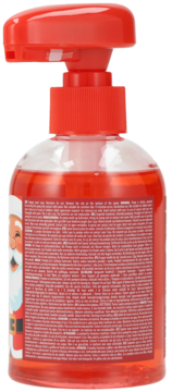 Czerwony dozownik mydła w płynie z pompką, widok z boku. Etykieta z Mikołajem i drobnym drukiem.