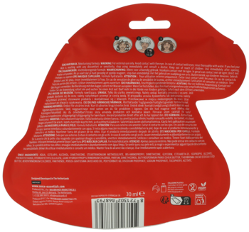 Tył czerwonego opakowania maski do twarzy w kształcie czapki Mikołaja, z widocznym tekstem i kodem kreskowym.