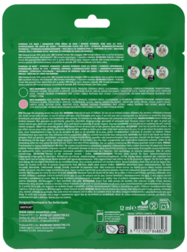 Tył zielonej saszetki z płatkami pod oczy i na usta, widoczne napisy, kod kreskowy i instrukcje.