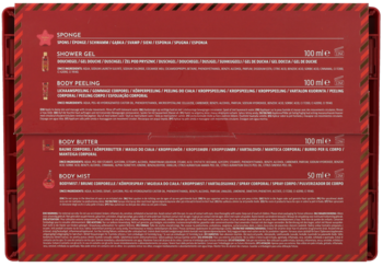 Tył czerwonego opakowania zestawu Sence Collection Oh deer, it's snowy! z białymi opisami produktów i składem.