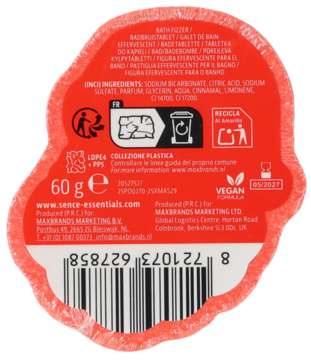 Czerwony, nieregularny tył opakowania kąpielowego fizzera Sense Essentials 60g z listą składników i logo Vegan.