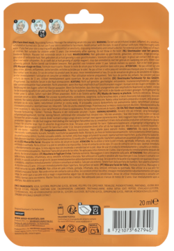 Tył opakowania pomarańczowej maseczki w płachcie, z wielojęzycznymi instrukcjami i listą składników.