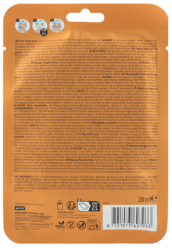 Pomarańczowa saszetka maski do twarzy, tył opakowania z instrukcjami użycia, kodem kreskowym i ikonami recyklingu.
