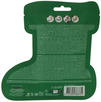 Tył zielonej, skarpety z maską do stóp, z instrukcjami, kodem kreskowym i informacją o pojemności 2x 20ml.