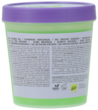 Tył zielonej galaretki pod prysznic Sence Collection The Grinch, z fioletową pokrywką i etykietą ze składem.